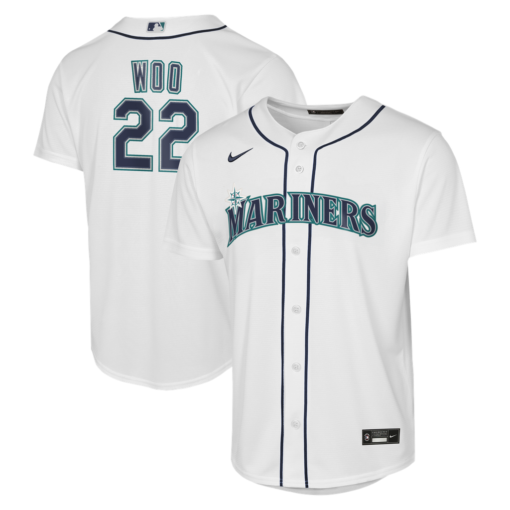 Seattle Mariners Bryan Woo Nike Youth Home Baseline Jersey - White